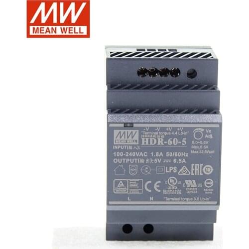 MEAN WELL HDR-60-5 32.5W 5V Switching Power Supply 110V/220V AC to 5V DC 6.5A DIN Rail Ultra Slim Step Shape Isolated LPS CE UL