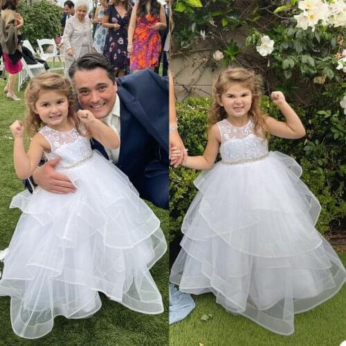 Lovely White Flower Girls Dress O Neck Lace A Line Children Birthday Party Dresses Kids Wedding Prom Formal Wear