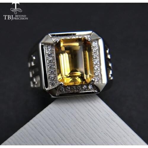 TBJ, emerald cut natural citrine mens ring in 925 sterling silver gemstone jewelry,unisex boyfriend gemstone ring with gift box