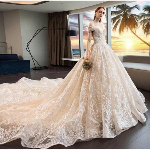2021 New Elegant Boat Neck Luxury Lace Embroidery Sweep Train Wedding Dress Princess Noble Vestido De Noiva Plus Size F