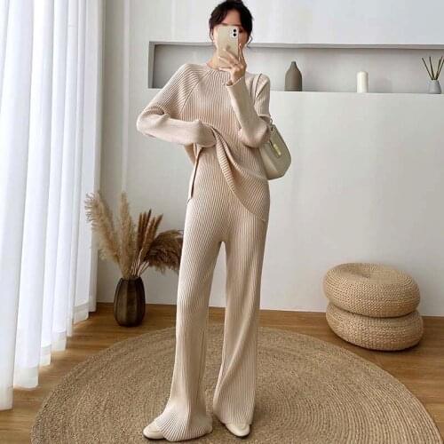 2021 New Fashion Winter Womens Thicken Warm Knitted Pullover Sweater Two-Piece Suits High Waist Solid Loose Wide Leg Pants Suit