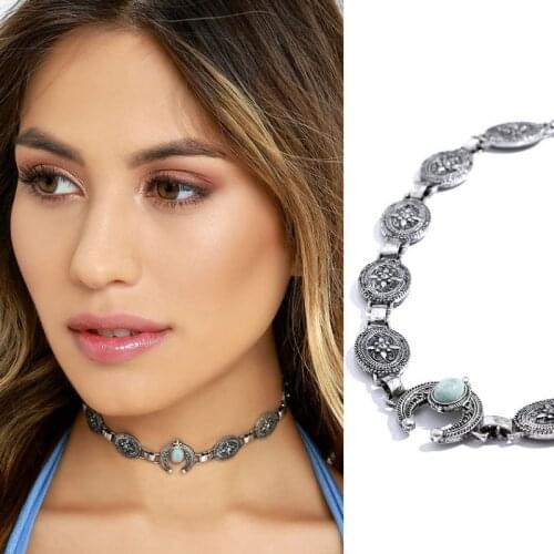 LZHLQ Gypsy Style Design Choker Necklace Women Jewelry Fashion Alloy Inlaid Synthetic Blue Stone Ladies Temperament Collar