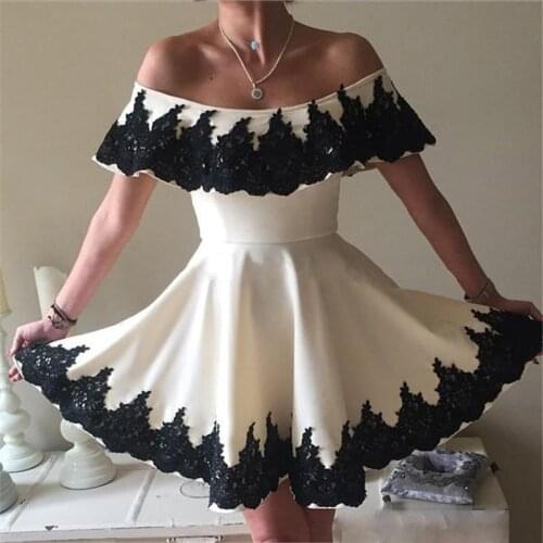 Simple Black Appliques Homecoming Dress A Line Off The Shoulder Short Satin Back Zipper Elegant Cocktail Prom Dresses