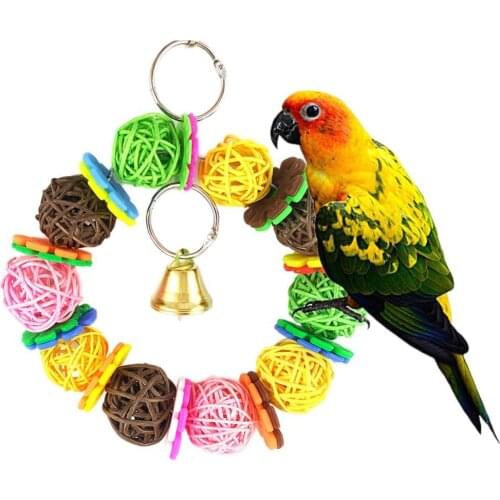 Colorful Parrot Toy Vine Rattan Ball Ring Bird Parakeet Hanging Pet Cage Decor Ring With Bell Colorful Woven Shape Dream Toy