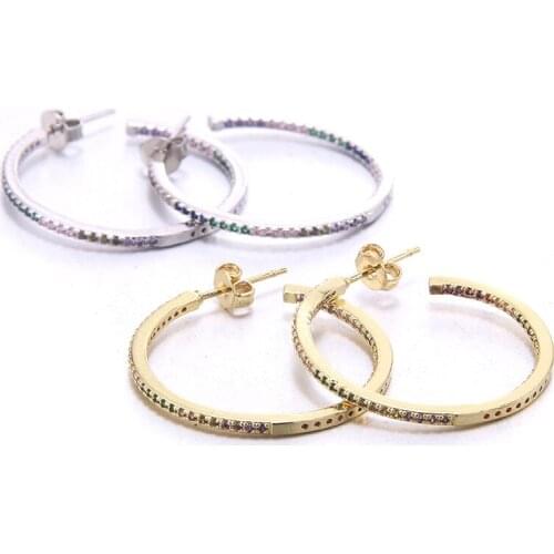 Colorful Crystal Hoop Earrings for Women 24mm Two-Color Optional Copper Earrings luxurious Shiny Crystal Jewelry Party Gift 2021