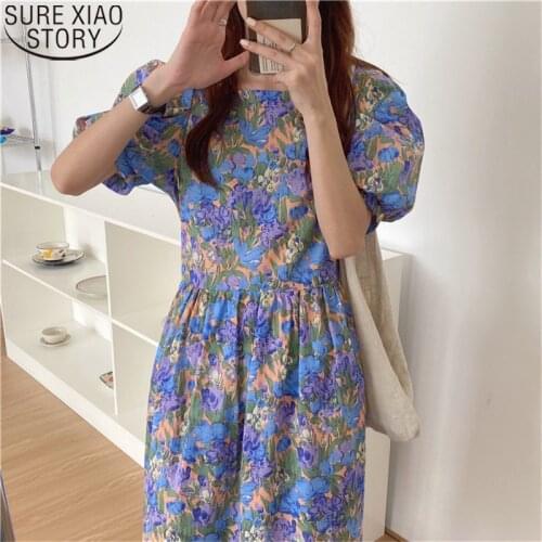 Chic Women Long Dress 2021 Summer New Floral Casual Fashion Loose Puff Sleeves Mid-Length V-Neck Elegant Ladies Dresses 14509
