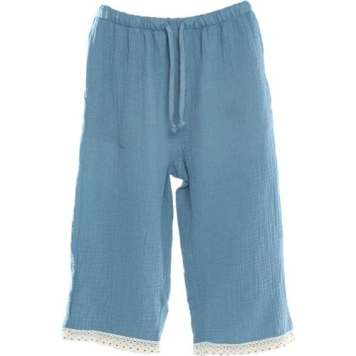 Summer Women Bottoms 100% Cotton Crepe Sleeping Shorts Women Solid Loose Calf-Length Pants Thin Home Casual Pajamas Pants