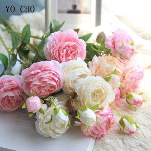 YO CHO Rose Artificial Flowers 3 Heads White Peonies Silk Flowers Red Pink Blue Fake Flower Wedding Decor for Home Peony Bouquet
