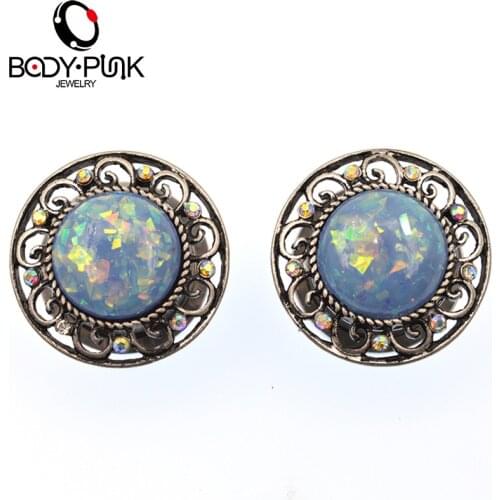 BODY PUNK Blue Opal Stainless Steel Carving Ear Plugs Body Piercing Jewelry Ear Expanders 10mm-20mm Screw Fit Tunnels PLG 071