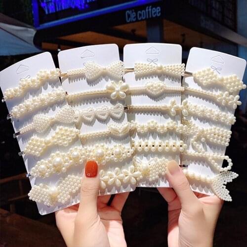 5PCS/Set New Women Elegant Pearls Geometric Hair Grips Barrettes Sweet Hair Decorate Hairpins Headband Fashion Hair Accessories