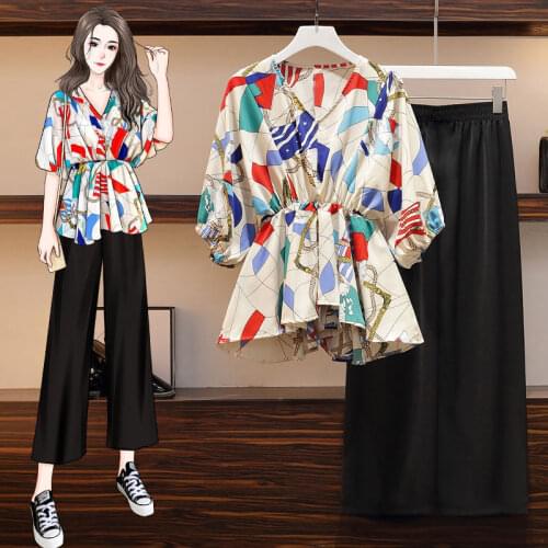 Large Size Women 's Clothing 2021 Spring Summer Slimming Fashion Casual Chiffon Top Wide-Legged Pants Two - Piece Suit
