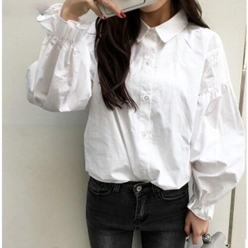 Shirts Women Long Sleeve Stand Collar Puff Solid All-match BF Simple Shirt Womens Leisure Single Breasted Blouses Korea Clothing