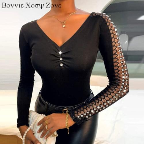 Women Autumn Rhinestone Skinny Mesh Long Sleeve Ruched Top Chic Plain Shirt Blouse