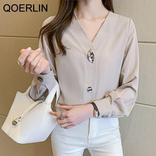 QOERLIN Formal Blouse Ladies Office Workwear Spring French V-neck Chiffon Shirt Female Elegant Chic Button Shirt Women Plus Size