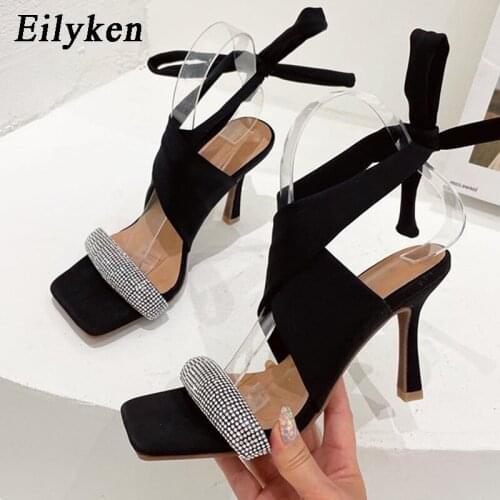 Eilyken New Design Non-Slip Bottom Women Sandals Fashion Crystal Rhinestone Ladies Elegant Square Toe Ankle Lace Up Heels Shoes