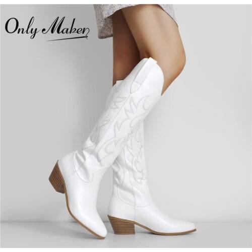 Onlymaker Women White Knee High Boots Western Cowboy Boots Wide Calf Embroidered Pointed Toe Block Heel Pull-On Cowgirl Booties