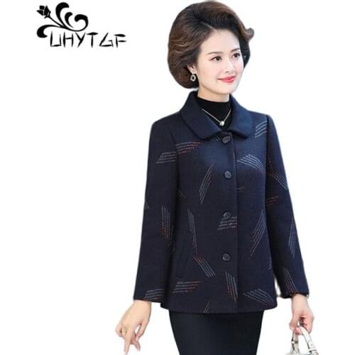 UHYTGF 5XL Plus Size Women Coat Single Breasted Middle-Aged Elderly Mother Spring Autumn Trench Outerwear Casual Short Tops 2218