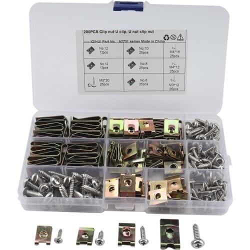 200pcs Assorted Spire Clips U Nuts Fasteners Clips No.10, M3x12, M5x20 Clips