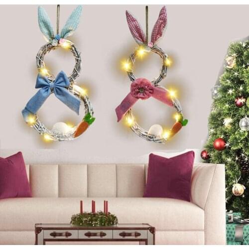 2021 Easter Decoration White Rabbit Shape with Lamp Vine Ring Easter Decoration Pendant with Lamp Garland Holiday Home Decor U2
