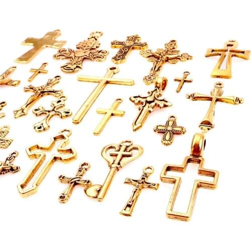 25pcs/Set Vintage Gold Mixed Styles Zinc Alloy Jesus Cross Pendant Religious Faith Charm Frame jewelry components