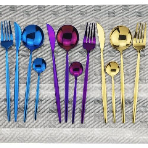 4pcs/set Blue Dinnerware Set Stainless Steel Gold Cutlery Dinner Set Knife Fork Spoon Silverware Flatware Kitchen Tableware Set