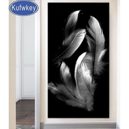 5D Diy full square Round drill Diamond Painting Black and white art, feathers Sticker Diamond Art Embroidery Home Decor Mosaic