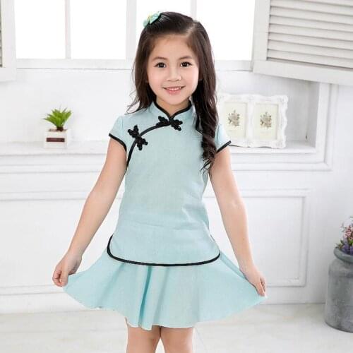Chinese Style Summer Girls Clothing Sets Baby Toddler Kids Clothes Performance Linen Short Sleeve Shirt+Skirt 2 Pcs Suit JW1598