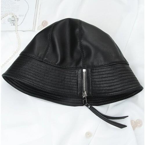 Leather Bucket Hat Womens Sheepskin Warm In Autumn And Winter Fashion Shopping Basin Caps Zipper
