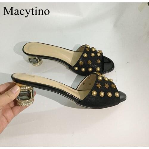 Studed Summer Leather Slippers Luxury Gemstone Square heel Slides Womens Mules Shoes Beach Flip Flops Shoes Women