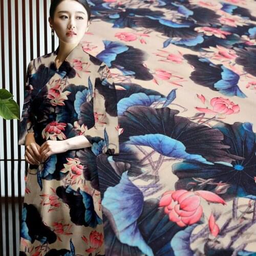 Lotus digital fabric printing silk linen fabric 35mm heavy silk fabric clothing dress natural linen fabric wholesale silk cloth