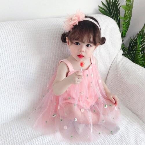 Fashion Newborn Baby Girl Dress Daisy Floral Embroidery Sleeveless Strap Romper Dresses Sweet Wedding Party Princess Dress 0-18M