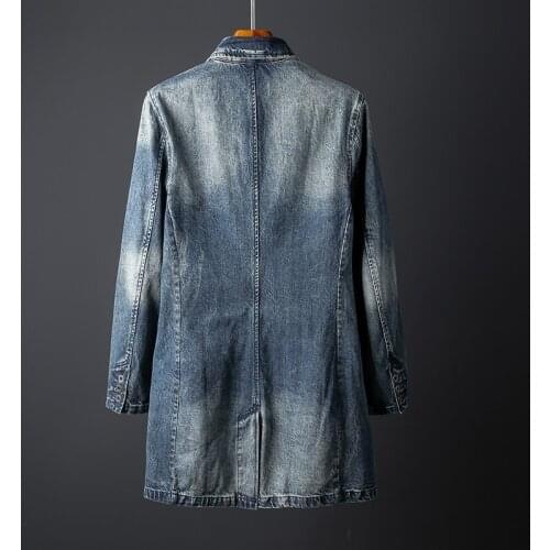 New Brand Autumn Mens Medium Length Denim Jackets Long Sleeve Single Breasted Pockets Plus Size Trench Coats Chaqueta Hombre