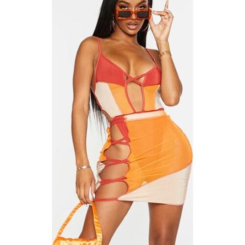 Sexy Patchwork Mesh Cut Out Mini Dress Women Straps Bicolor Color Blocking Wrap Hip Sundress 2021 Summer Prom Party Night Outfit