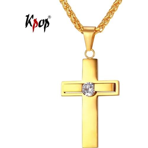 Kpop Cross Necklace Christian Religious Jewelry Stainless Steel Gold Color Zirconia Cross Crucifix Pendant Necklace Men P2250