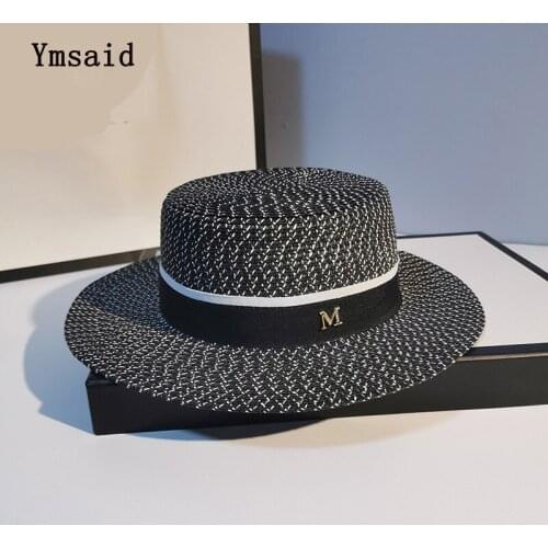 Summer Womens Black Bow Letters Round Flat Top Straw Beach Hat Lady Boater Sun Caps Panama Straw Fedora Ladies Travel Sun Cap