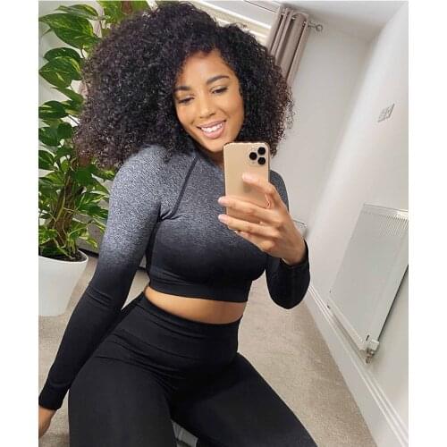 Seamless Fitness Yoga T-Shirt Long Sleeve Crop Top Elastic Ombre Jogging Workout Sports Tops women Gym Shirts