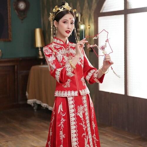 Oriental Wedding Dress Red Embroidery Chinese Traditional Banquet Costume Classic Cheongsam China Qipao костюм для восточных