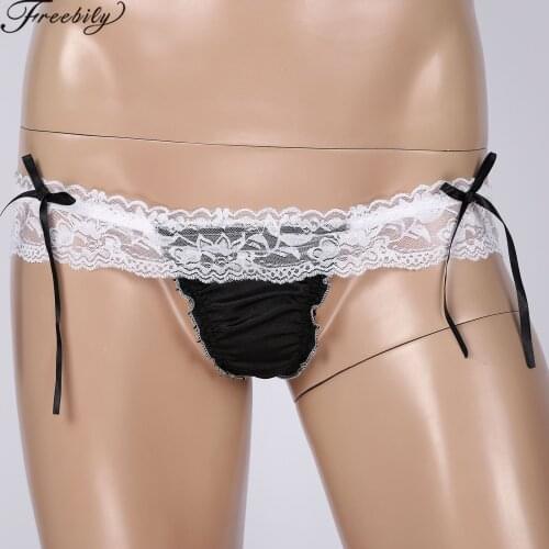 Men Ruffled Lace Skirted Panties Patchwork Satin G-String Breathable Bowknot T-Back Low Waist Elastic Waistband Thongs Underwear