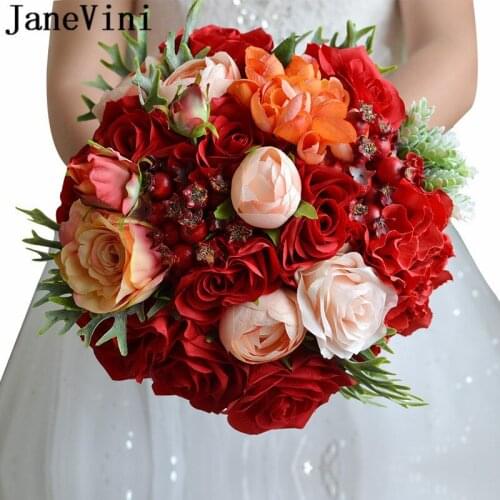 JaneVini Vintage Red Roses Wedding Bouquets for Brides Artificial Silk Flowers fausse fleur Crystal Bridal Bouquet Accessories