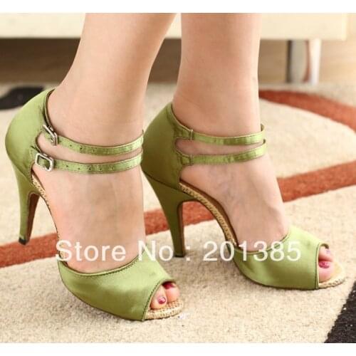Green Satin Dance Shoes Latin Ballroom Shoes Salsa Dance Shoes Flamenco Dance Sandals Tango Shoes
