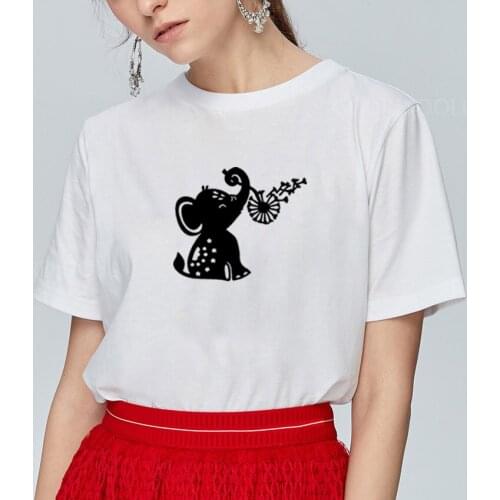 Elephant and Dandelion Print Tee Shirt Femme O-neck Short Sleeve Cotton Tshirt Women Christmas T Shirt Loose T Shirts Women Tops