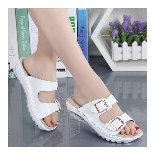 Women slippers buckle real leather slides shoes solid thick sole heels beach sandals women outside flip flops summer