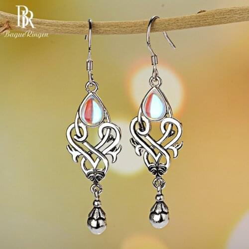 Bague Ringen Elegant Water Drop Shaped Moonstone Earrings for Women Creative Hollowing out Design Silver 925 Jewelry Anniversary