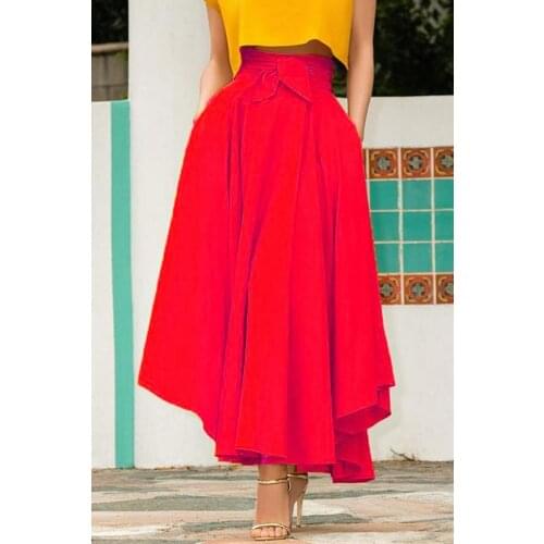 Women Bowknot Elastic Gypsy Costume Flared Solid Plain Swing Skirts Pleated Female Long Skirt Cocktail Party High Waist Skirt