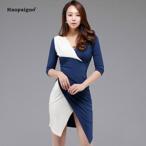 Plus Size Patchwork Wrap Dress 2018 Women Blue Three Quarter Sleeve V-neck Knee-length Elegant Work Dress Modis Autumn Dresses