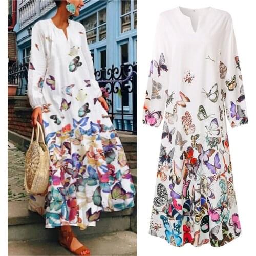 Women’s Autumn Long Sleeve Dress Fashion Butterfly Pattern High-waist A-line Long Dress Clothing