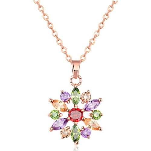 ZSLBS Fashion Pendant Necklace For Women Choker Necklaces Crystal Round Flower Rose Gold Chain Copper Zircon Colorful Jewelry