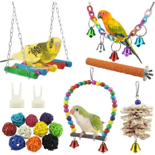 17 Pcs/Set Birds Parrot Chewing Toys Hanging Swing with Bells Standing Perch Cage for Birds Finches Parakeets Cockatiels Conures