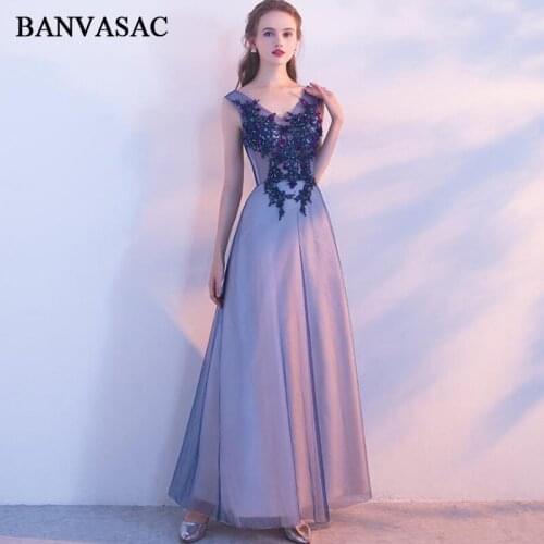 BANVASAC Crystal V Neck Lace Flowers Appliques A Line Long Evening Dresses Elegant Party Tulle Backless Prom Gowns
