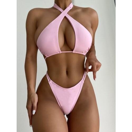Bikinis 2021 Mujer Swimsuit Women Sexy Bikini Set Push Up Thong Swimwear Low Waist Halter Bathing Suits Beach Swimming Suit Pink